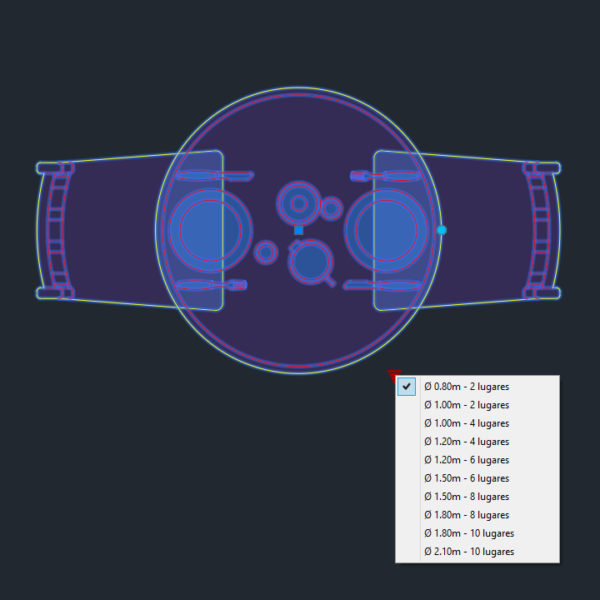 A imagem mostra o Bloco Dinâmico de Mesa Redonda, com grips e opções de tamanho ou lugares, em fundo padrão.