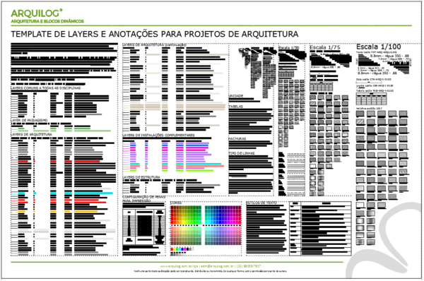A imagem mostra o Template de Layers e Anotações para Projetos de Arquitetura do Arquilog, em fundo branco.