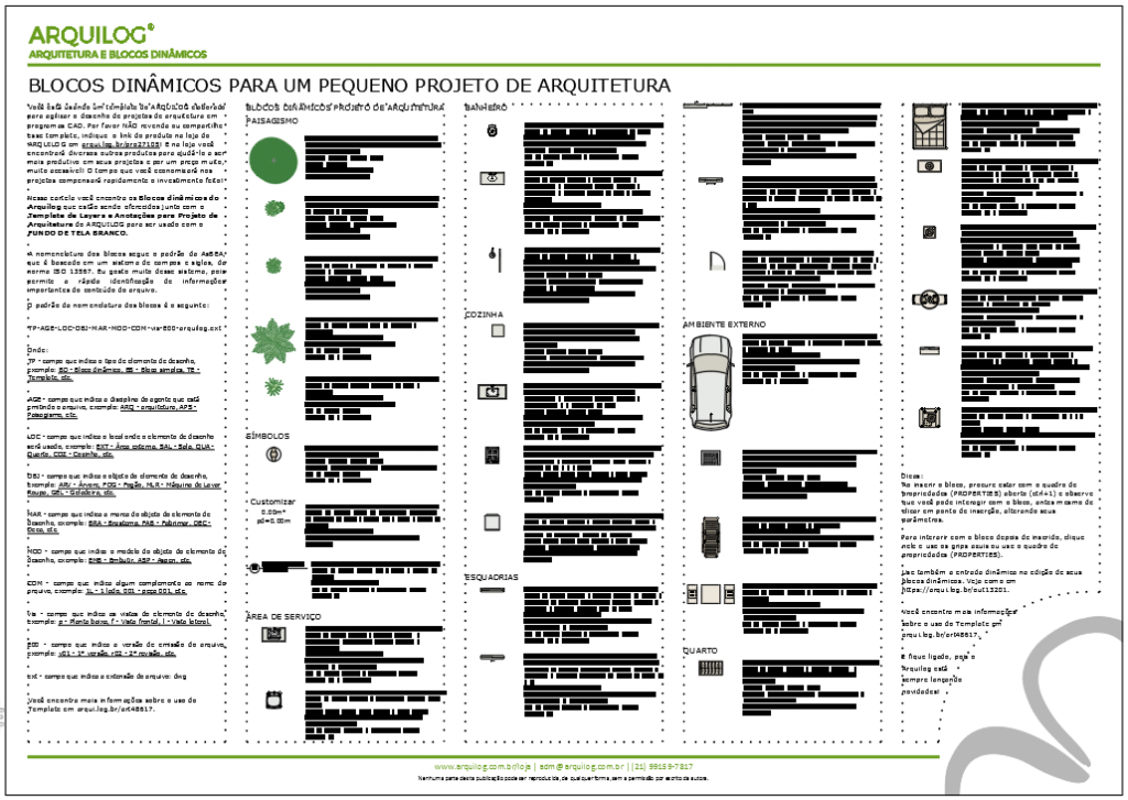 A imagem mostra a Cartela de blocos do Template de Layers e Anotações para Projetos de Arquitetura do Arquilog, em fundo branco.